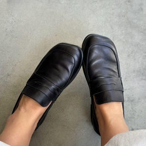Women’s handmade anatomical leather loafers – black color, square toe, wide fit, comfortable slip-on shoes
