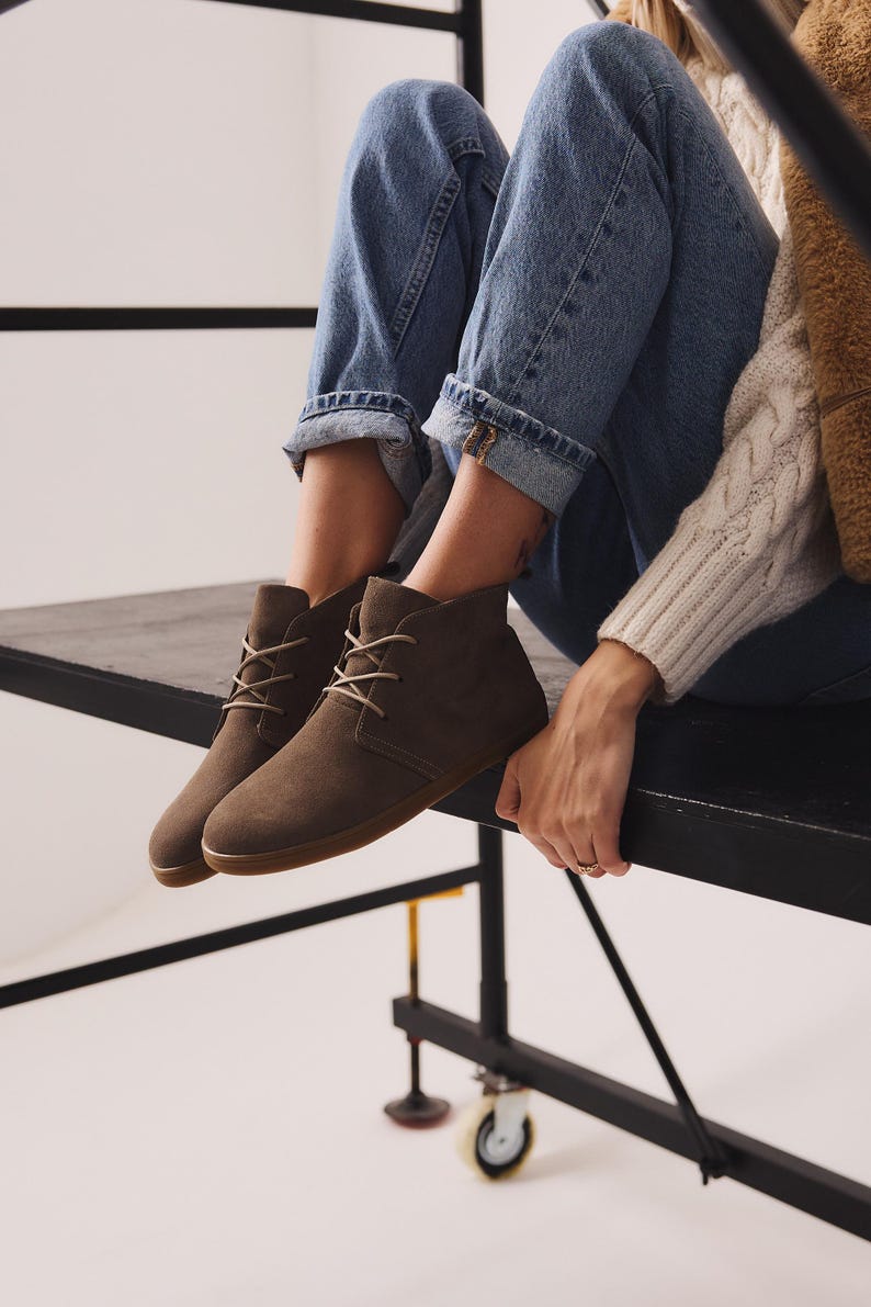 Side view of barefoot ankle boots – handmade suede zero drop design