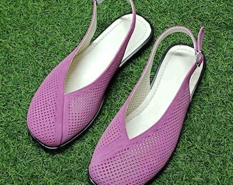 Women Leather Slingback Flats, Perforated Summer Shoes, Square Toe Comfortable Flats, Handmade Leather Shoes EU 36–41
