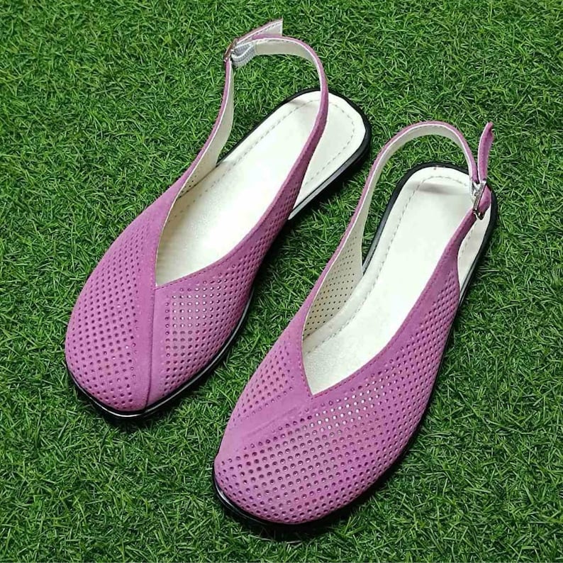 Women leather slingback flats with square toe, perforated summer shoes made from genuine leather, comfortable handmade flat shoes