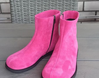 Women’s Anatomical Boots, Wide Toe Barefoot Leather/Suede, Custom Color Booties, Warm Lining (Fleece/Fur), Handmade Winter Shoes