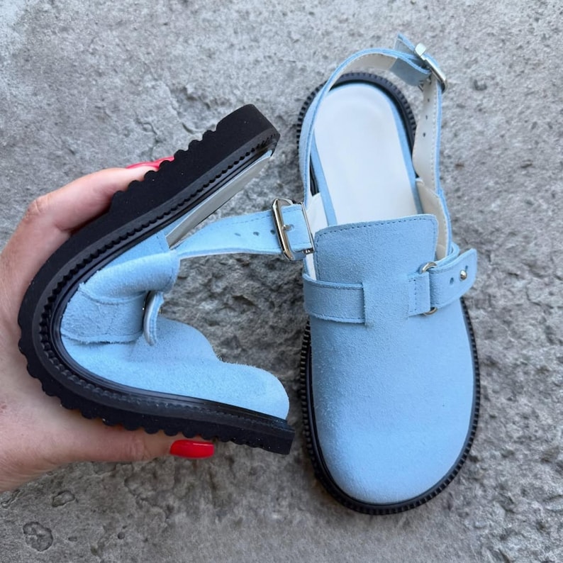 barefoot leather clogs women blue wide toe box handmade shoes