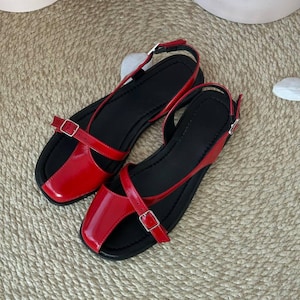 Red leather slingback sandals women handmade summer flat sandals comfortable walking shoes