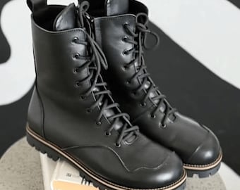Winter Black Leather Boots Women, Handmade Anatomical Lace-Up Combat Boots, Flexible Sole, Warm Fleece or Fur Lining, Custom Shoes