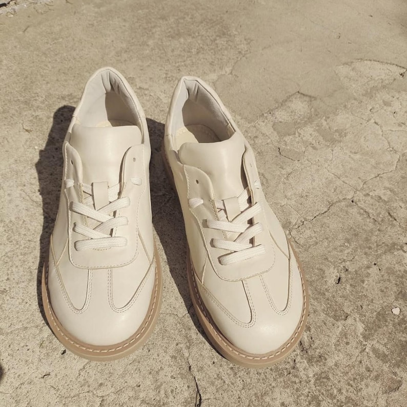 Beige leather anatomical sneakers with wide toe box – minimalist handmade unisex shoes