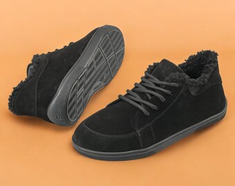 Calde scarpe da ginnastica invernali a piedi nudi, in pelle scamosciata o pelle scamosciata a goccia zero, punta larga flessibile, scarpe minimaliste foderate in pelle di pecora o pile