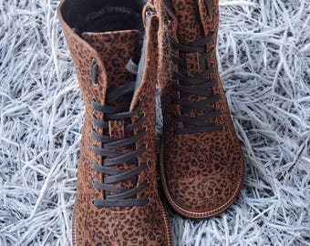 Leopard Print Boots Women, Anatomical Lace-Up Combat Boots, Custom Fleece Lined, Comfortable Winter Shoes, Flexible Sole