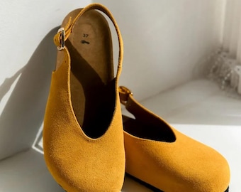 Barefoot Clogs Women, Wide Toe Box Cork Footbed Shoes, Anatomical Leather Clogs, Minimalist Foot Shaped Footwear