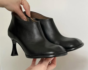 Elegante leren enkellaarsjes voor dames, hak van 7,5 cm, handgemaakte zwarte laarzen, minimalistische schoenen met hoge hak, herfst-lente schoenen