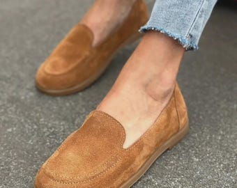 Anpassade loafers för kvinnor, slip-on-skor i mocka och läder, bekväma vardagsskor, promenadskor för vardagsbruk, present till henne, mysiga skor