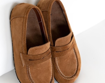 Women's Barefoot Loafers, Wide Toe Box Shoes, Suede Leather Anatomical Flats, Handmade Comfort Shoes