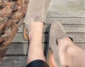 Orthopedic Suede Clogs Women, Comfortable Wide Fit Slip-On Shoes, Leather Mules with Cork Footbed, Closed Toe Clogs Custom Colors