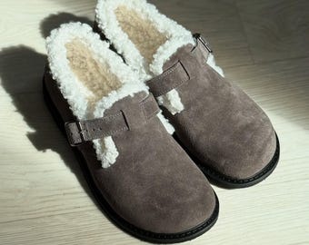 Closed Fur Clogs, Warm Suede & Leather Sheepskin Winter Shoes, Women Men Shearling Slip On Mules, Custom Colors Cozy Slippers