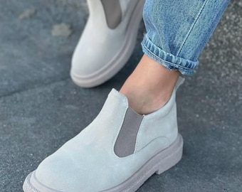 Women Suede & Leather Ankle Boots, Comfortable Slip On Chelsea Boots, Fall Casual Shoes, Handmade Demi-Season Boots