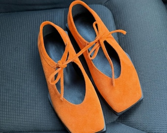 Leren ballerina's dames vierkante neus, Mary Jane-schoenen, suède flats, comfortabele schoenen met brede neus, handgemaakte flats