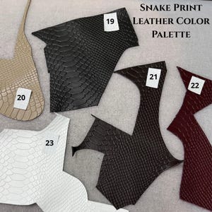Snake print leather color options for custom anatomical boots, 5 colors.