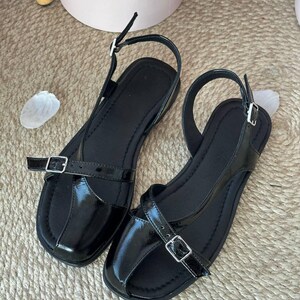 Black leather minimalist sandals women handmade slingback flat summer sandals