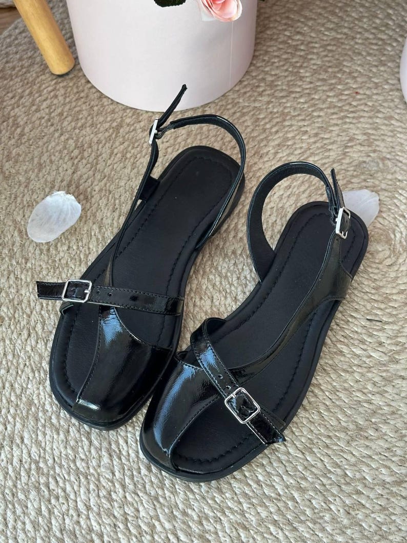 Black leather minimalist sandals women handmade slingback flat summer sandals