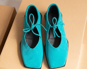 Square Toe Mary Jane Flats, Minimalist Lace Up Leather Shoes