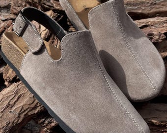 Cowhide Clogs Women, Spotted Leather Clogs, Cork Footbed Sandals, Slingback Shoes, Handmade Comfort Footwear