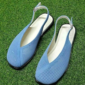 Handmade women slingback flats in perforated genuine leather, square toe flat shoes for summer and everyday wear