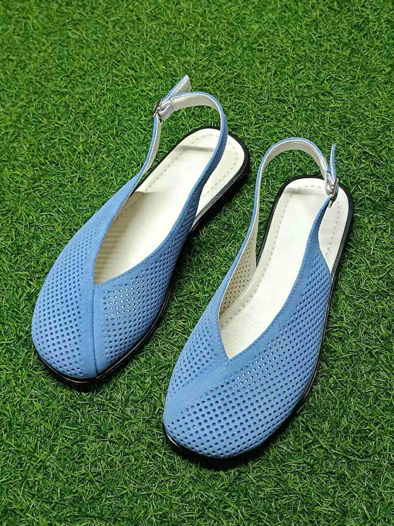Handmade women slingback flats in perforated genuine leather, square toe flat shoes for summer and everyday wear