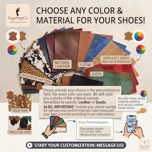 May include: A collection of leather and suede material swatches in various colors and patterns, including deer-spot, tricolor hide, and natural leather. Text includes CHOOSE ANY COLOR & MATERIAL FOR YOUR SHOES! and instructions for Etsy personalization.