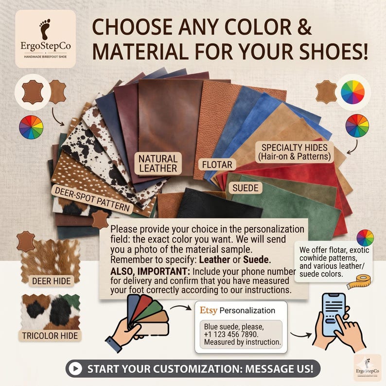 May include: A collection of leather and suede material swatches in various colors and patterns, including deer-spot, tricolor hide, and natural leather. Text includes CHOOSE ANY COLOR & MATERIAL FOR YOUR SHOES! and instructions for Etsy personalization.