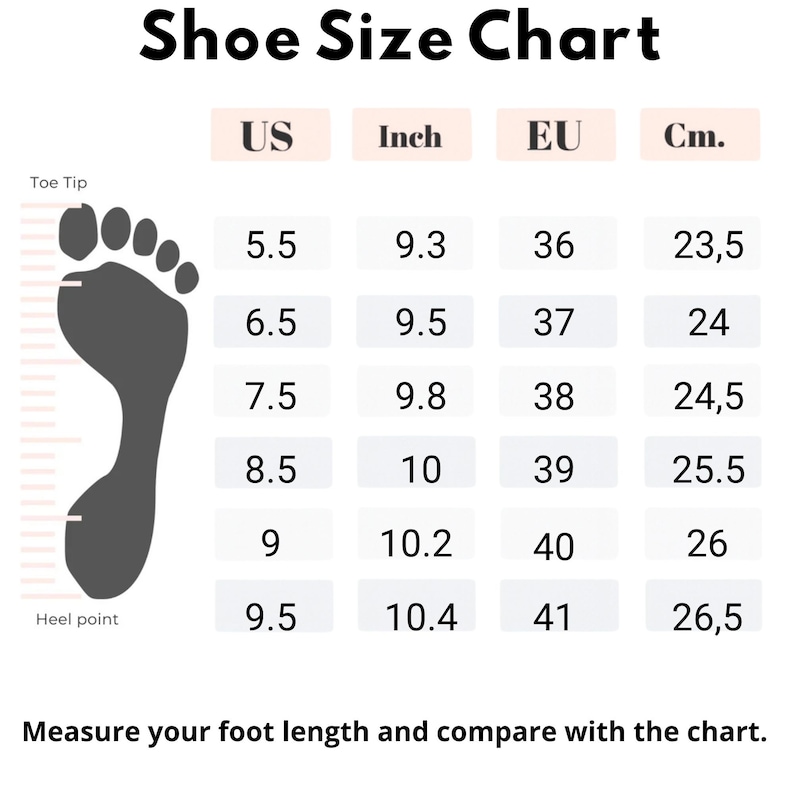 Women’s winter ankle boots size chart in EU and US sizes with foot length in cm for accurate fit