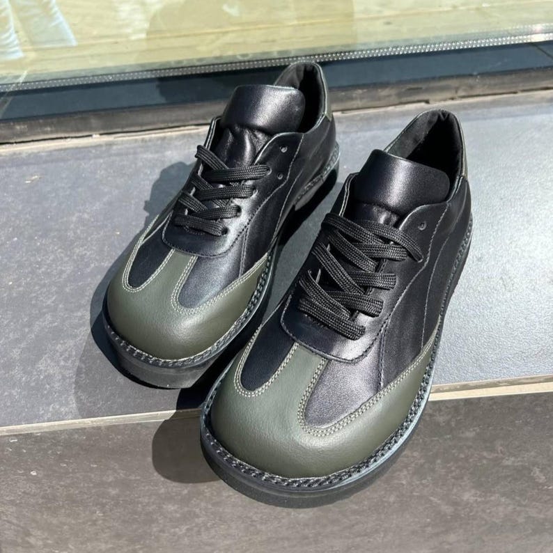 Black and green leather barefoot sneakers – zero drop wide toe box handmade trainers