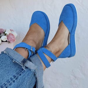 Comfortable Women Summer Sandals, Handmade Suede Flat Leather Shoes with Ankle Strap, Custom Color Walking Sandals
