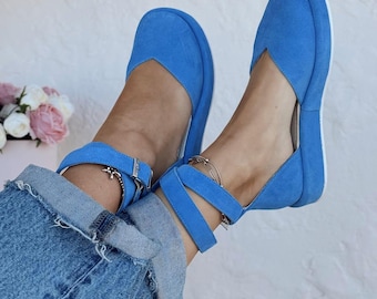 Comfortable Women Summer Sandals, Handmade Suede Flat Leather Shoes with Ankle Strap, Custom Color Walking Sandals