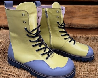 Pastel Leather Combat Boots Women, Handmade Two-Tone Boots, Anatomical Lace-Up Barefoot Shoes, Custom Leather Colors