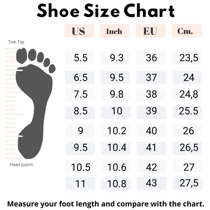 Shoe size chart for barefoot boots – US, EU, inch and cm conversions