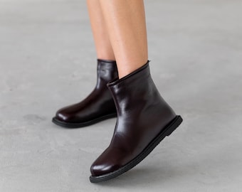 Barefoot Boots Women, Wide Toe Box Leather Ankle Boots, Anatomical Flat Shoes