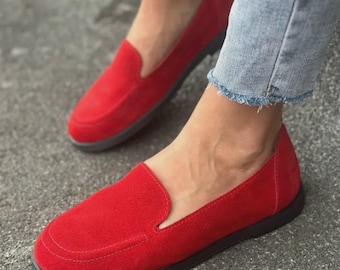 Damloafers, Slip-On-skor i mocka och läder, Bekväma vardagsskor, Vandringskor för vardagsbruk, Present till henne, Mysiga skor