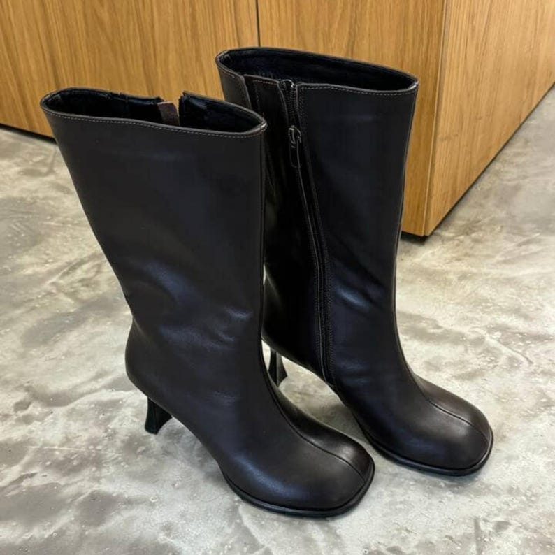 Black leather ankle boots for women, handmade boots with 7 cm heel and zipper