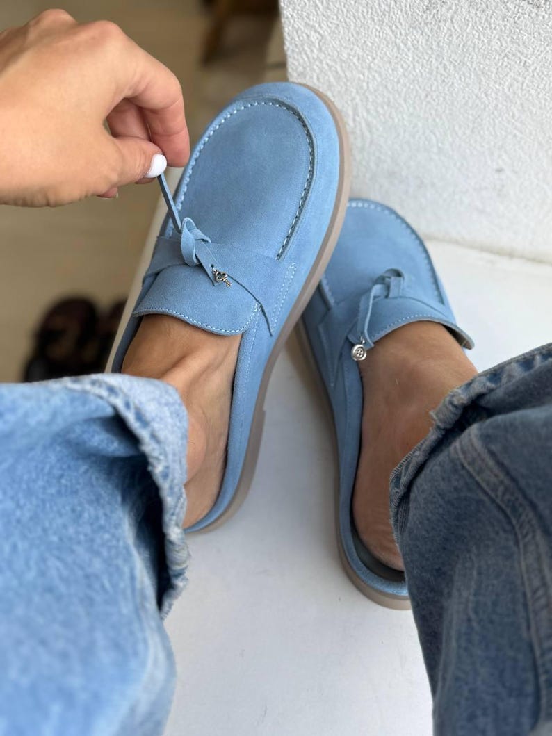 Handmade women’s loafers in blue suede – anatomical slip-on mules, comfortable everyday shoes, casual flat shoes, custom sizes