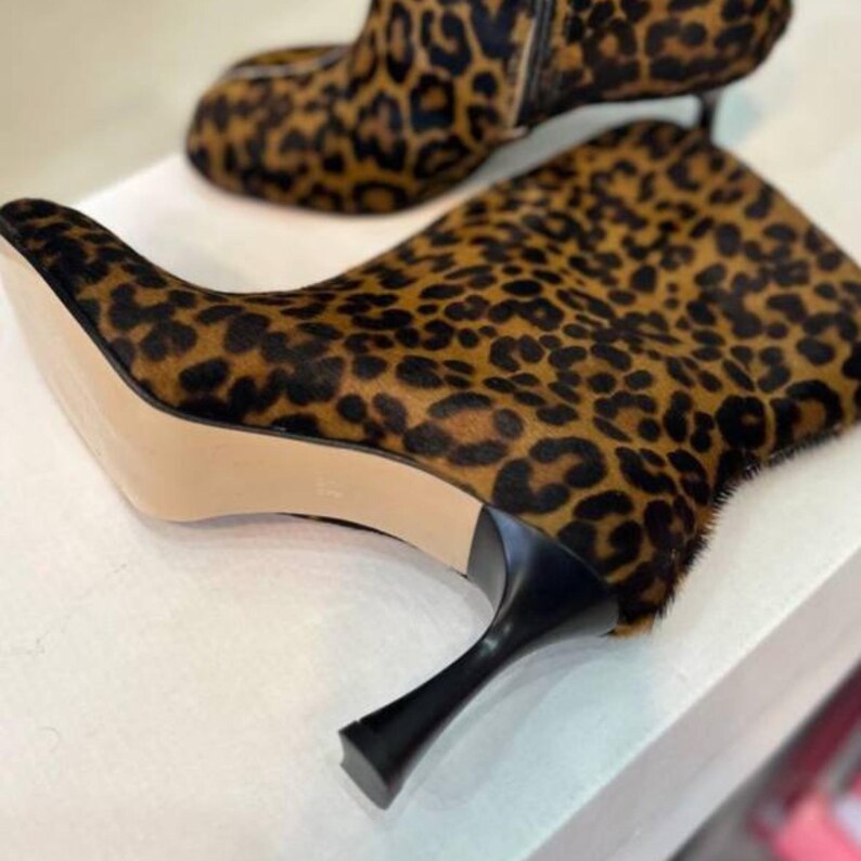 Leopard print suede ankle boots with mid heel, custom handmade women boots