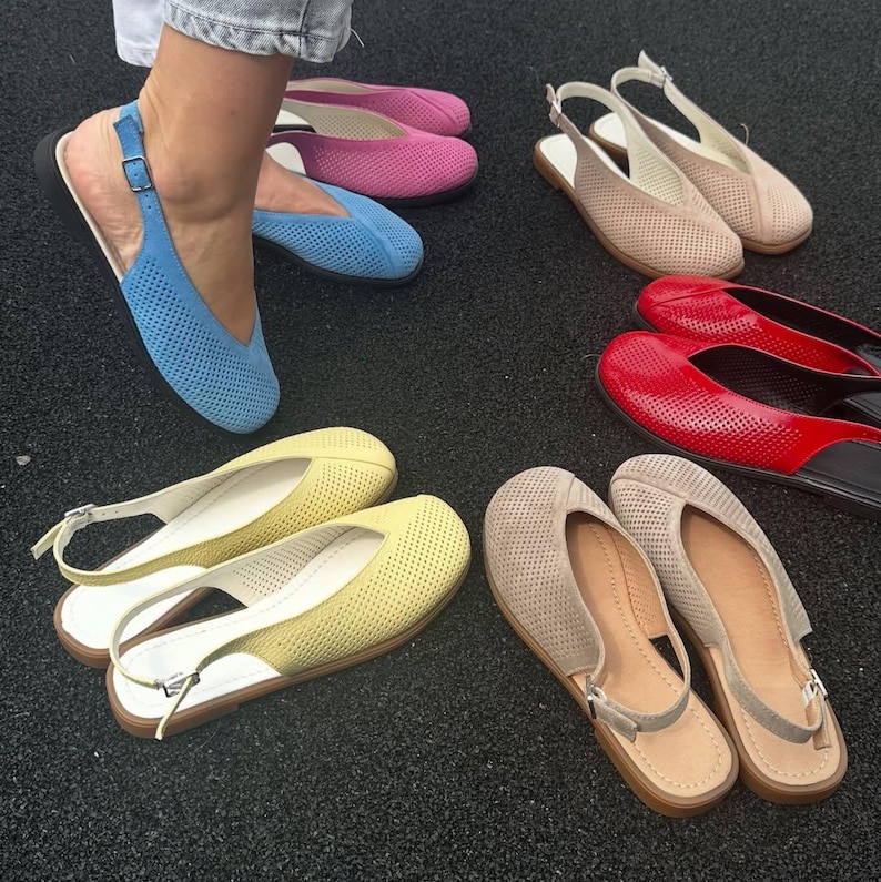 Women wearing leather slingback flats with square toe, breathable perforated summer shoes for walking and daily comfort