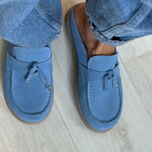Custom women’s loafers in light blue suede – handmade slip-on flats, orthopedic-inspired, minimalist style shoes