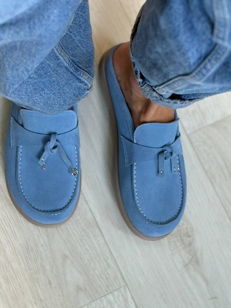 Custom women’s loafers in light blue suede – handmade slip-on flats, orthopedic-inspired, minimalist style shoes