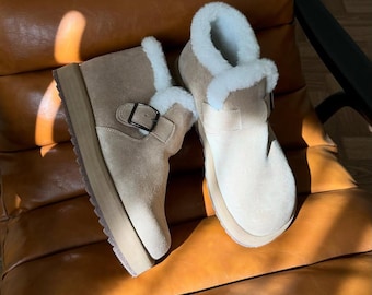 Winter Suede Boots Women, Shearling Fur Lined Ankle Boots, Warm Cozy Snow Shoes, Anatomical Footbed, Handmade Leather Boots