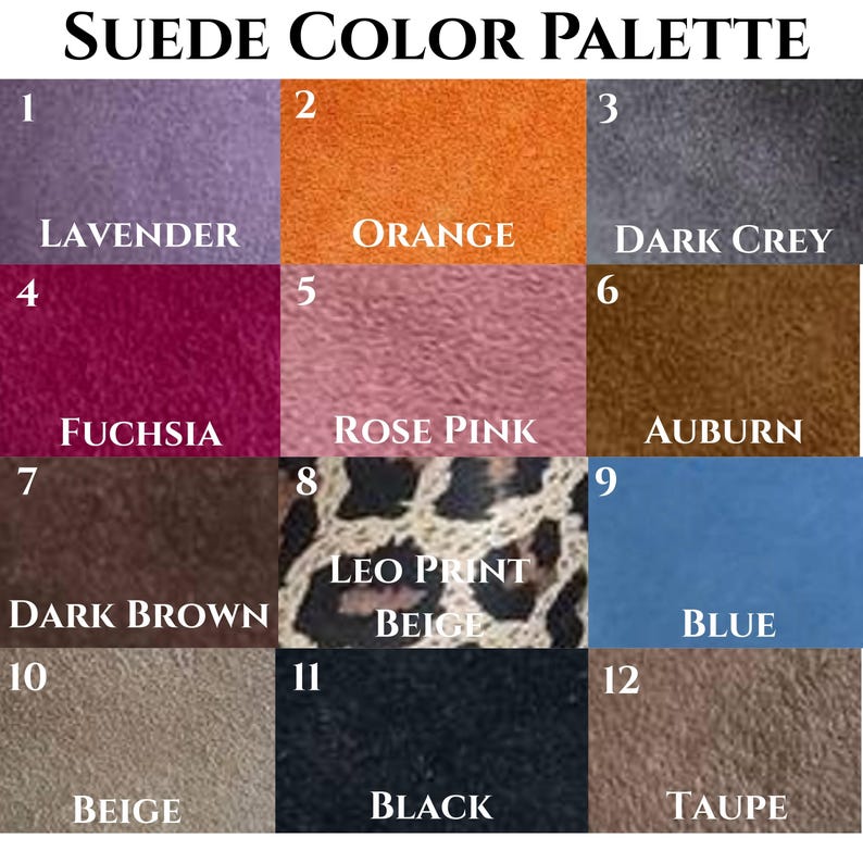 Suede color palette for custom handmade shoes – 12 suede color options