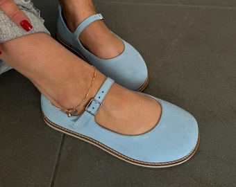 Bailarinas minimalistas Mary Jane para mujer, puntera ancha, piel de ante, hechas a mano, sin caída.