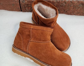 Women’s Sheepskin Ugg Boots, Warm Suede Winter Ankle Boots, Handmade Shearling Booties, Custom Color