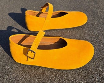 Wide Toe Box Ballet Flats Women Leather Mary Jane Anatomical Cork Footbed Barefoot Shoes