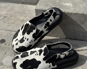 Handmade Leather Clogs Women, Anatomical Footbed Shoes, Wide Toe Box Slingback Mules, Cow Print Clogs, Custom Colors
