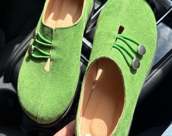 Bailarinas para mujer, zapatos minimalistas de ante con puntera ancha y diseño sin cordones, cómodas y hechas a mano.