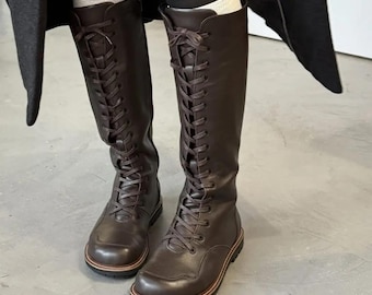 Leren kniehoge veterlaarzen dames met brede neus, handgemaakte aangepaste kleuren, comfortabele winter-/lenteschoenen